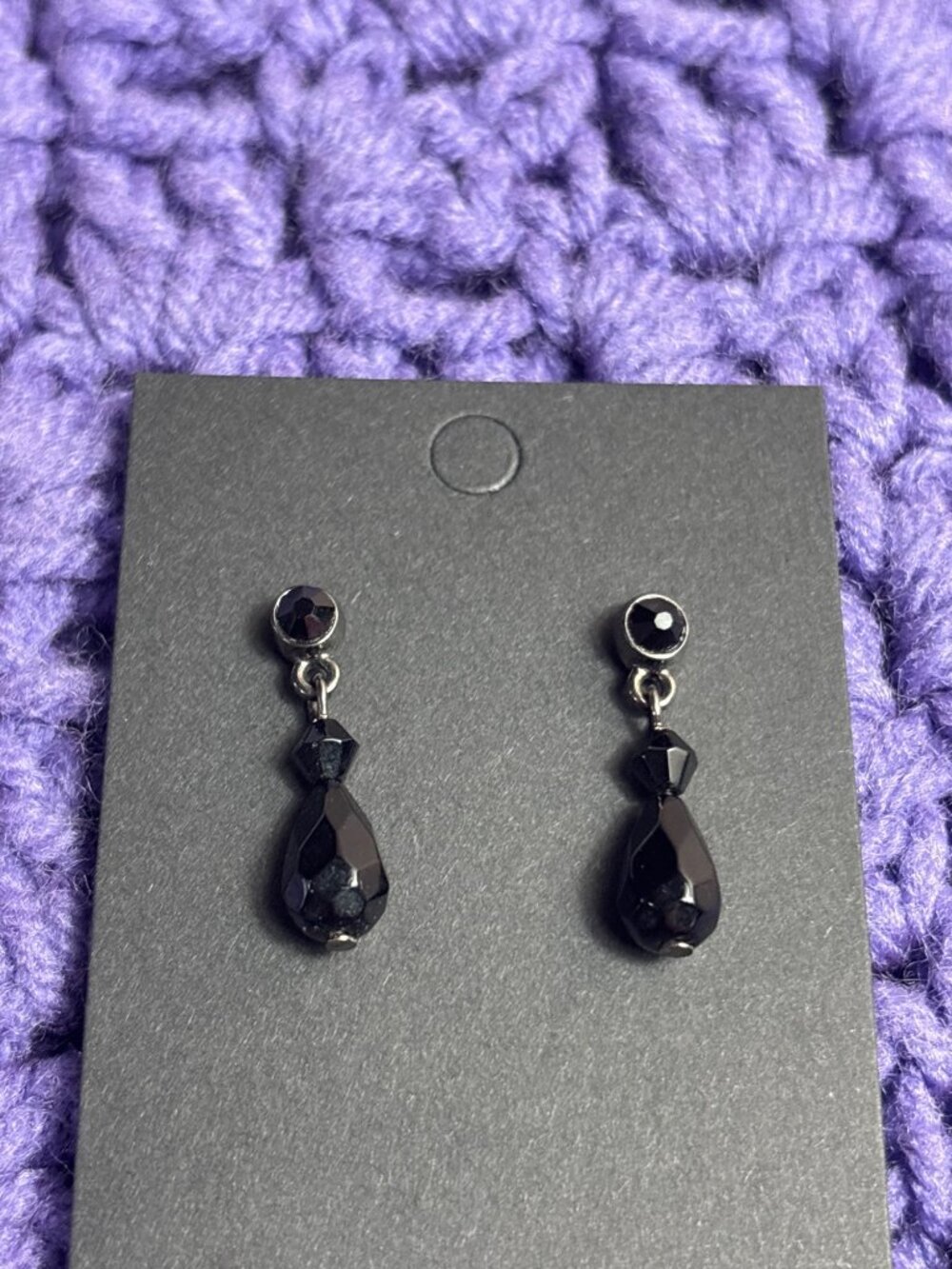 Black Rhinestone Bead Dangle Silvertone Earrings 1 inch